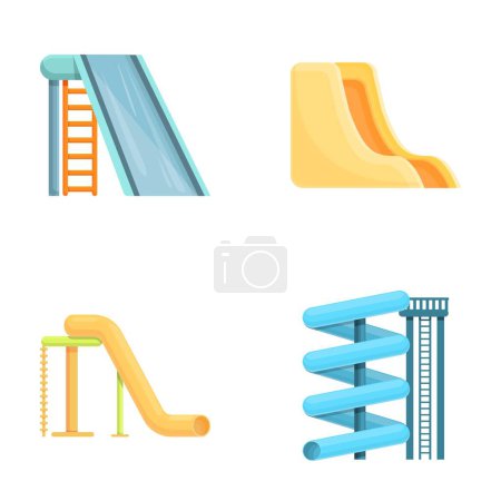 Aquapark slide icons set cartoon vector. Vacaciones de verano en el parque acuático. Ocio activo