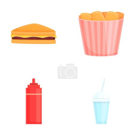 Street food icons set cartoon vector. Sandwich, chicken nugget, drink and ketchup. Unhealthy nutrition, fast food