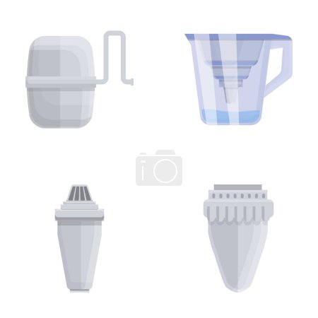 Téléchargez les illustrations : Aqua icônes filtre définir vecteur de dessin animé. Système de purification et filtration de l'eau. Eau propre - en licence libre de droit