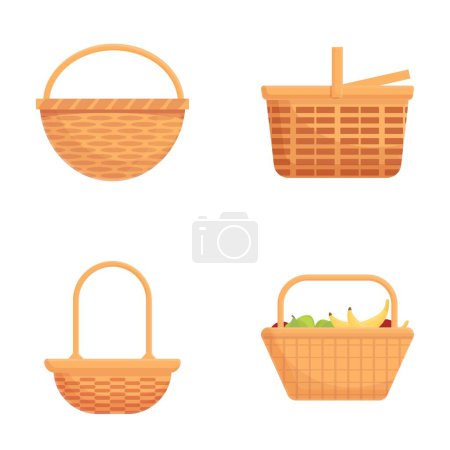 Food basket icons set cartoon vector. Picnic basket filled with various product. Summer rest