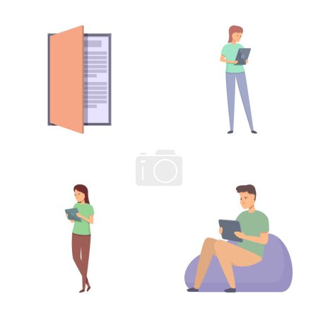 Digital library icons set cartoon vector. People reading book in online library. Modern educational technology