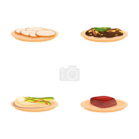 Asian food icons set cartoon vector. Classic spicy korean cuisine. Asian meal