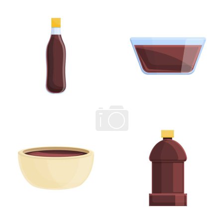 Icônes de sauce soja mis vecteur de dessin animé. Sauce soja en bouteille et bol en verre. Assaisonnement liquide