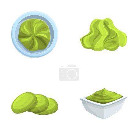 Wasabi sauce icons set cartoon vector. Fresh spicy wasabi in bowl. Japanese condiment