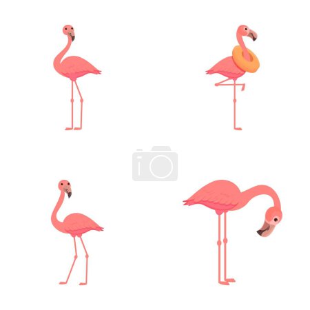 Flamingo iconos conjunto vector de dibujos animados. Lindo pájaro flamenco rosa. Personaje de dibujos animados