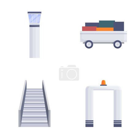 Airport icons set cartoon vector. Various airport equipment. Vacation, tourism