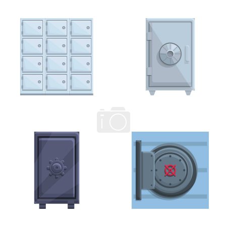 Illustration for Metal safe icons set cartoon vector. Armored box to protect money and document. Deposit protection, banking service - Royalty Free Image
