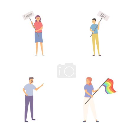 Rights protection icons set cartoon vector. People stand against discrimination. Equal rights