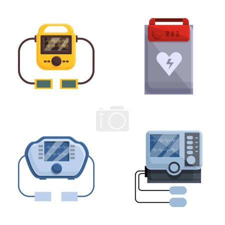 Illustration for Defibrillator icons set cartoon vector. Automated external defibrillator. Cardiology, medical equipment - Royalty Free Image