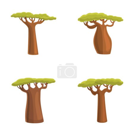 Téléchargez les illustrations : Baobab arbre icônes définir vecteur de dessin animé. Un baobab africain vert. Nature, plante exotique - en licence libre de droit