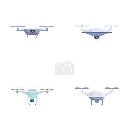 Flying drone icons set cartoon vector. Drone quadrocopter with camera. Modern technology