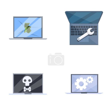 Illustration for Broken laptop icons set cartoon vector. Various broken personal computer. Repair service, maintenance - Royalty Free Image