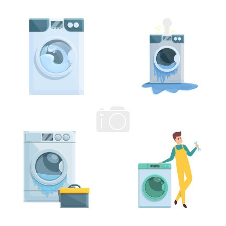 Repair service icons set cartoon vector. Broken washing machine and repairman. Household appliance repair