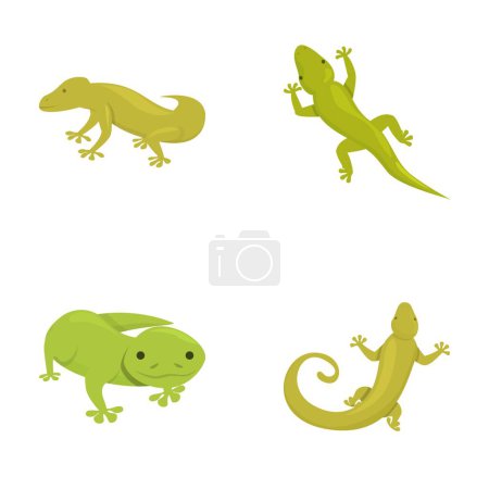 Green gecko icons set cartoon vector. Cute cartoon exotic lizard. Animal, amphibian