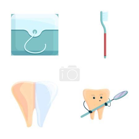 Oral care icons set cartoon vector. Tooth with toothbrush and dental mirror. Healthcare, dentistry