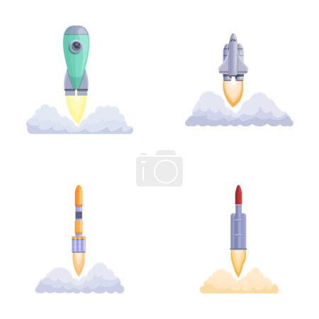 Spacecraft launch icons set cartoon vector. Rocket launch and fire flame. Aviation and space
