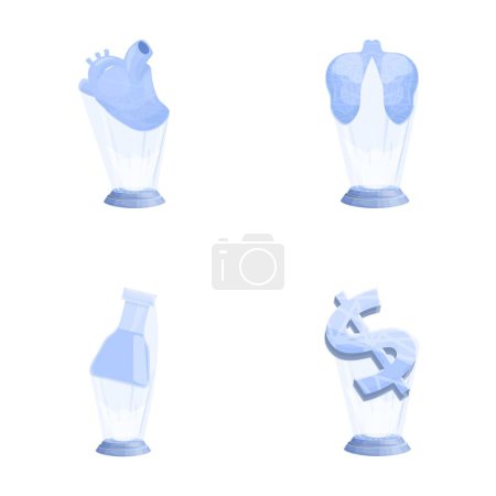 Los iconos estilizados del holograma fijan vector de la historieta. Corazón, pulmón, frasco y holograma de dólar. Tecnología futura