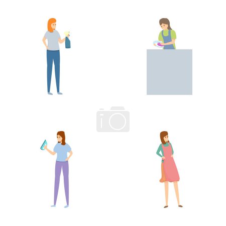 Housewife icons set cartoon vector. Modern housewife cleaning and housekeeping. Housework