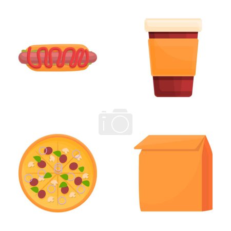 Fast food icons set cartoon vector. Hot dog, pizza and takeaway drink. Unhealthy nutrition, street food