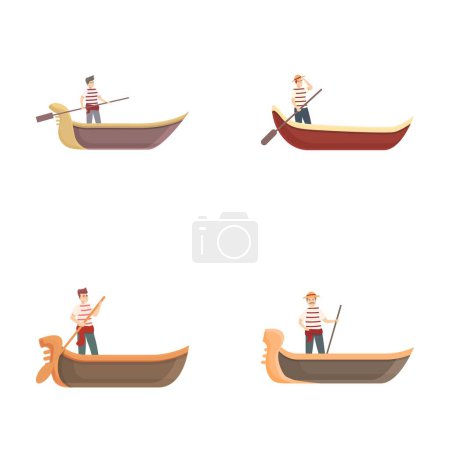 Gondola icons set cartoon vector. Italian boat with gondolier. Europe traveling