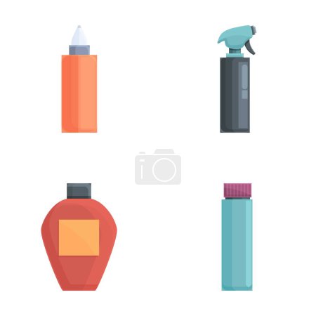 Los iconos de tinte para el cabello establecen un vector de dibujos animados. Varias botellas de pintura para el cabello. Cosmética profesional