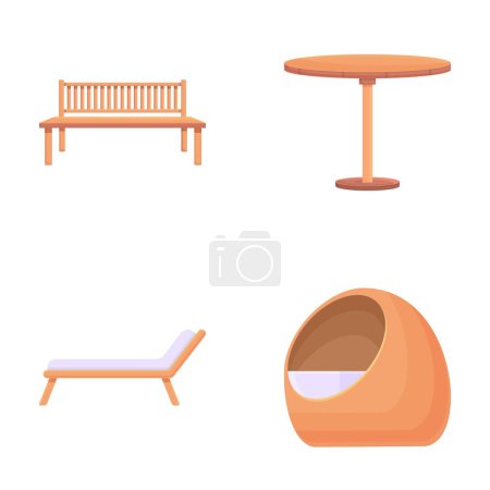 Icônes de meubles en bois mis vecteur de dessin animé. Divers types de meubles d'extérieur. Jardin patio