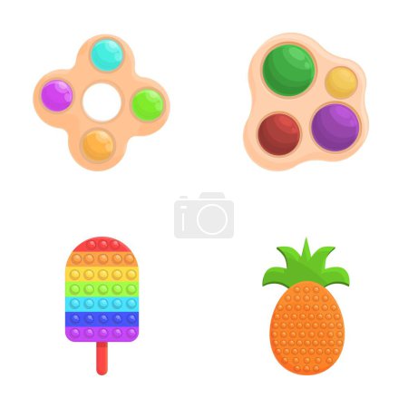Popit icons set cartoon vector. Pop it toy of various shape and color. Trendy antistress sensory toy