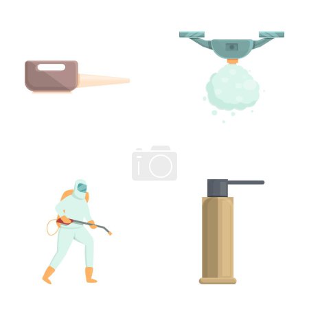Insect control icons set cartoon vector. Disinfector man in protective suit. Disinfection and sanitation