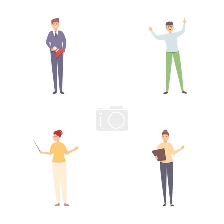 Public speaking icons set cartoon vector. Loud talking and agitating people. Agitation, campaigning