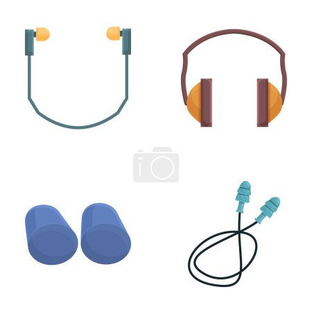 Earplug icons set cartoon vector. Various protective ear muffs. Professional equipment