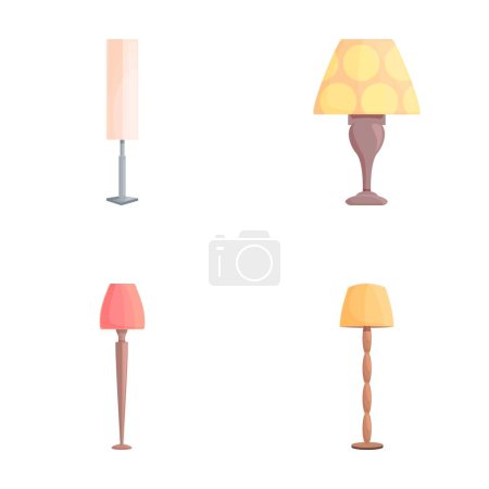 Stehlampen-Symbole setzen Cartoon-Vektor. Fackel am Boden mit verschiedenen Lampenschirmen. Wohnbeleuchtung und Dekorationselement
