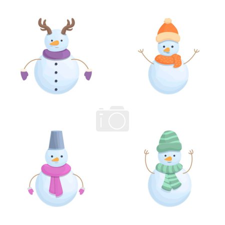 Bonhommes de neige de Noël icônes ensemble vecteur de dessin animé. Divers bonhomme de neige joyeux de Noël. Symbole hiver