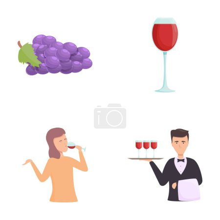 Illustration for Sommelier party icons set cartoon vector. Professional expert doing wine tasting. Look, aroma, taste appreciation - Royalty Free Image