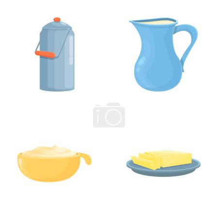 Dairy food icons set cartoon vector. Milk, sour cream and piece of cheese. Breakfast, healthy food