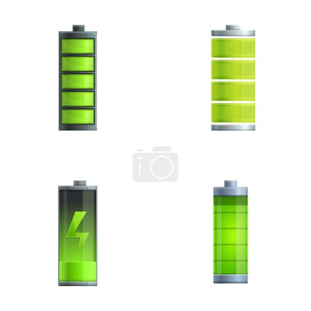 Icônes de charge de batterie définir vecteur de dessin animé. Batterie avec différents niveaux de charge. Accumulateur d'énergie électrique