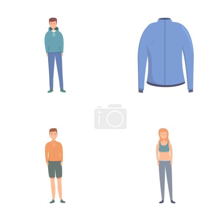 Ilustración de Iconos de ropa deportiva conjunto vector de dibujos animados. Hombre y mujer en ropa deportiva. Estilo de vida saludable - Imagen libre de derechos