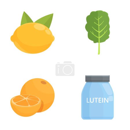 Lutein Produkt-Symbole setzen Cartoon-Vektor. Lutein Produkt und Nahrungsergänzungsmittel. Vitamin-C-Nahrung