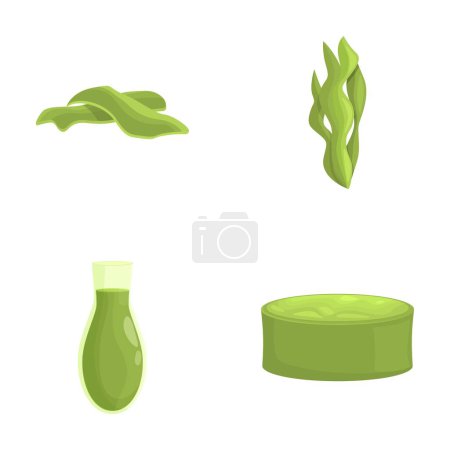 Spirulina alimentos iconos conjunto vector de dibujos animados. Espirulina en forma de polvo y batido. Suplemento dietético
