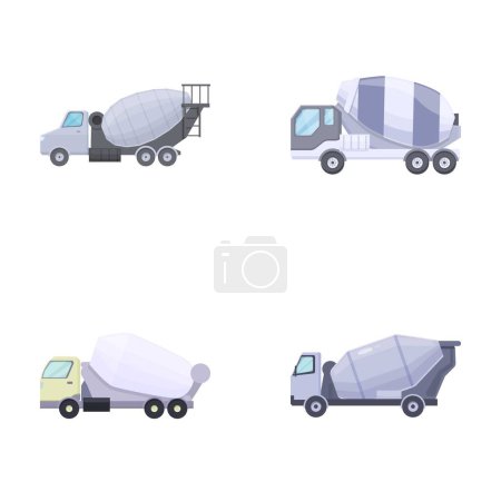 Mixer camion icônes définir vecteur de dessin animé. Camion bétonnière. Machines de construction