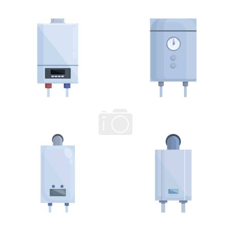 icônes chauffe-eau définir vecteur de dessin animé. Chaudière à gaz et chauffe-eau électrique. Equipements ménagers