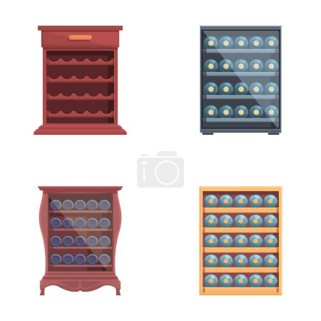 Illustration for Wine box icons set cartoon vector. Wine bottle inside wooden cabinet. Cellar equipment - Royalty Free Image