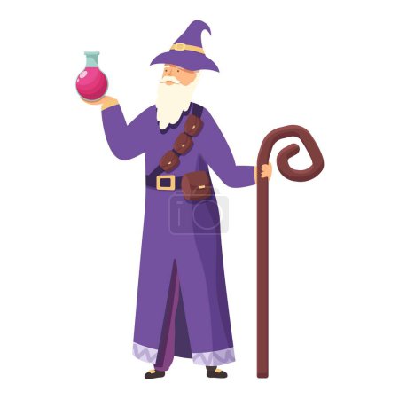 Old alchemist with magical potion icon cartoon vector. Liquid jar. Power balm