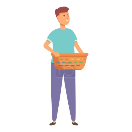 Boy take laundry basket icon cartoon vector. Home help. Daily routine