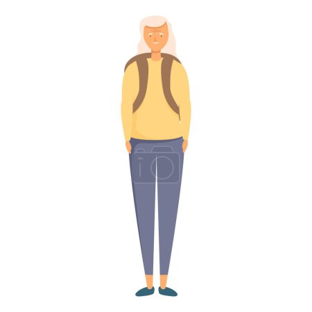 Téléchargez les illustrations : Grand-mère prêt pour la randonnée avec sac à dos icône dessin animé vecteur. Femme âgée. Activité touristique - en licence libre de droit
