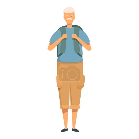 Téléchargez les illustrations : Grand-père randonnée prêt sac à dos icône dessin animé vecteur. Voyage d'âge. Tourisme pédestre - en licence libre de droit