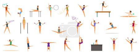 Téléchargez les illustrations : Icônes de performance gymnaste artistique mis vecteur de dessin animé. Équilibre sportif. Équipement flexible - en licence libre de droit