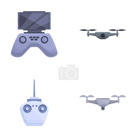 Los iconos electrónicos del quadcopter establecen un vector de dibujos animados. Drone con cámara integrada. Videografía aérea