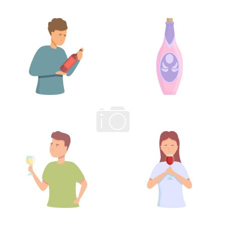 Wine tasting icons set cartoon vector. Professional expert doing wine tasting. Look, aroma, taste appreciation