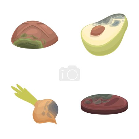 Ilustración de Iconos de comida podrida conjunto vector de dibujos animados. Varios productos estropeados y dañados. Residuos de alimentos orgánicos - Imagen libre de derechos