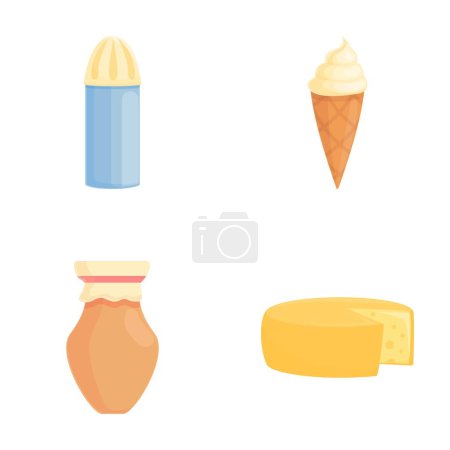 Dairy product icons set cartoon vector. Milk, whipped cream, cheese and ice cream. Breakfast, healthy food